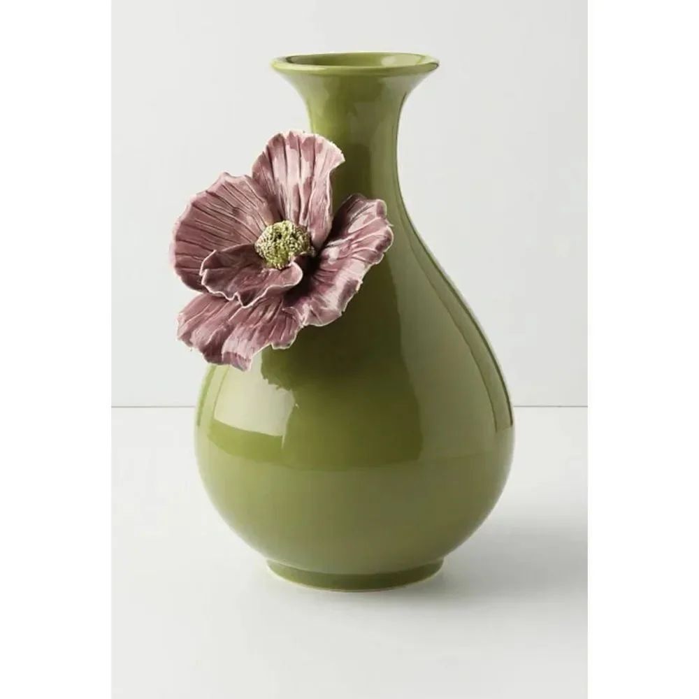 Anthropologie Rose of Sharon Grand Purple Flower On Olive Green Vase 9”x6”~ New